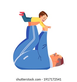 Happy Grandfather and little boy doing partner yoga flying pose, exercising together at home. Kid making plane, having fun with grandpa together, good family relationship. Cartoon vector illustration.