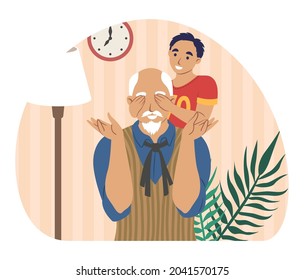 Happy grandfather playing with grandson at home, flat vector illustration. Grandpa and grandkid spending time together. Grandparent and grandchild relationships.