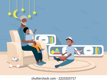 Happy grandfather is playing with his grandson in room toys. Time for family and raising children. Vector illustration isolated on white background.