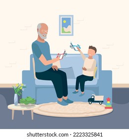 Happy grandfather is playing with his grandson in room toys. Time for family and raising children. Vector illustration isolated on white background.