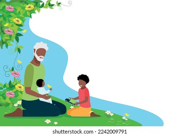 Happy grandfather plays with his grandson with toy cars in the garden. Time for family and raising children. Vector illustration isolated on white background.