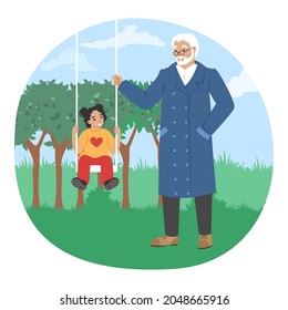 Happy grandfather swinging granddaughter on swing in the park, flat vector illustration. Grandpa and grandkid spending time together. Grandparent grandchild relationships. Family outdoor activity.