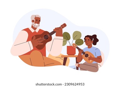 Happy grandfather teaching kid girl playing ukulele flat style, vector illustration isolated on white background. Learning together, happy childhood, hobby and leisure, playing music