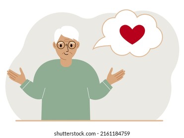 Happy grandfather thinks about love. In the balloon of thought is a red heart. Vector flat illustration