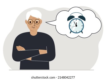 Happy grandfather with thought balloon with alarm clock. Time management, planning, organization of working time, effective business, deadline. Vector flat illustration