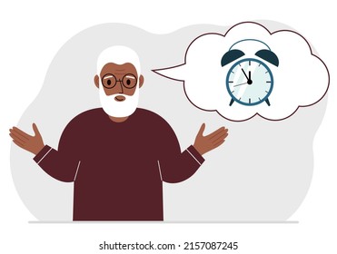 Happy grandfather with thought balloon with alarm clock. Time management, planning, organization of working time, effective business, deadline. Vector flat illustration