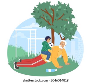 Happy grandfather training with grandson in the park, flat vector illustration. Grandpa and grandkid spending time together. Grandparent grandchild relationships. Family outdoor activity.