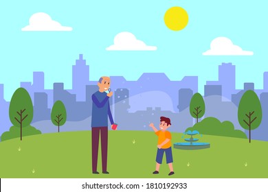 Happy grandfather vector concept: Grandfather and grandson playing bubble soap together in the park