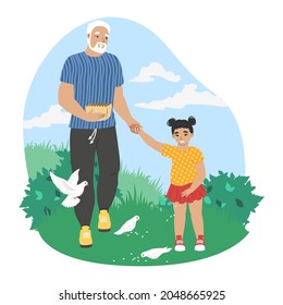 Happy grandfather walking with granddaughter, feeding doves in the park, flat vector illustration. Grandpa and grandkid spending time together. Grandparent grandchild relationships.