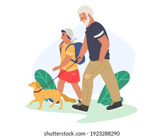 Happy grandfather walking with grandson and pet dog in the park, flat vector illustration. Grandpa with grandkid spending time together. Grandparent grandchild relationships. Family outdoor activity.