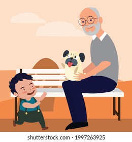 Happy grandfather walking with grandson and pet dog in the park, flat vector illustration. Grandpa with grandkid spending time together. Grandparent grandchild relationships. Family outdoor activity.

