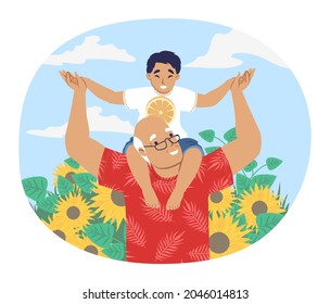 Happy grandfather walking with grandson sitting on his shoulders in the park, flat vector illustration. Grandpa and grandkid spending time together. Grandparent grandchild relationships.