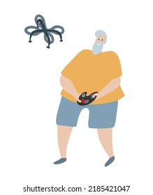 Happy grandfather with wireless drone gadget. Hobby activity for elder people. Techology smart robot with camera for delivery, photography and flight. Quadcopter aircraft innovation