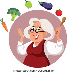 

Happy Grandma Cooking with Fresh Ingredients Vector Cartoon. Elderly woman preparing a healthy meal following traditional recipe 

