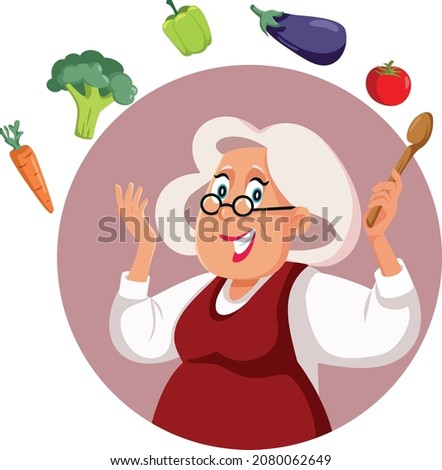 

Happy Grandma Cooking with Fresh Ingredients Vector Cartoon. Elderly woman preparing a healthy meal following traditional recipe 

