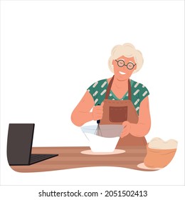 Happy grandma cooks online in cartoon style on white background. White background. Healthy retirement lifestyle. Online video. Internet technology. Cooking background. Cooking food.