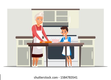 Happy grandma and granddaughter cooking together. Kitchen interior with utensils on table. Grandmother and grandchild kneading dough, baking pie with berries. Family relationship. Vector illustration
