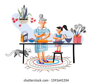 Happy grandma and granddaughter cooking together. Kitchen interior with utensils on table. Grandmother and grandchild kneading dough, baking pie with berries. Family relationship. Vector illustration