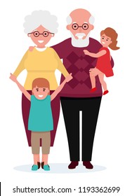 Happy grandma and grandpa with granddaughter. Family portrait. Vector cartoon flat illustration. Isolated on white background. Generation