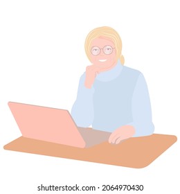 Happy grandma at her laptop. An elderly person on the Internet. Vector illustration of information security, secure access to user's personal information, secure Internet access.