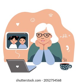 Happy grandma with laptop communicates with grandchildren.   Old lady in glasses siiting on the table. Vector illustration.