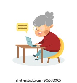 Happy grandma with laptop. Cute cartoon grandmother sitting at a table with a computer. An advanced old woman communicates on the Internet. Modern smart granny.