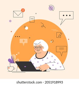 Happy grandma with laptop, elderly woman using computer for internet communication. Concept vector illustration, flat design.