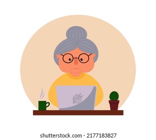 Happy grandma with laptop, elderly woman using computer for internet communication. Old woman and notebook.