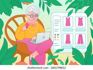 Happy grandma with laptop. Fashionable old lady refreshes her wardrobe. Online shopping for senior women. Elderly customer buys new clothes in internet