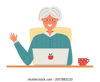 Happy grandma with laptop in flat style