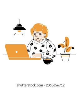 Happy Grandma With Laptop. Grandmother And Computer. Vector Doodle Illustration.