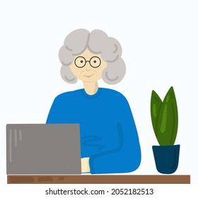 Happy grandma with laptop illustration