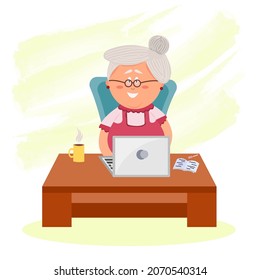 Happy grandma with laptop. Old woman sitting with computer. Elderly woman stay home. Grandmother have online communication. Cute vector illustration in flat cartoon style. Concept of old age.