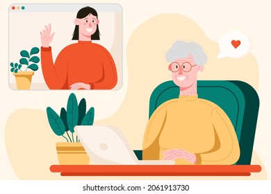 Happy grandma with laptop talking with her daughter thru the video chat, female characters in a flat style, video chat concept. Vector illustration