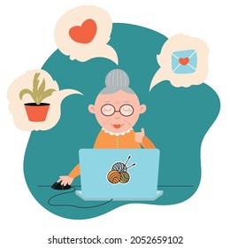 Happy grandma with laptop uses modern technology and searches for plants, knitting, reads messages