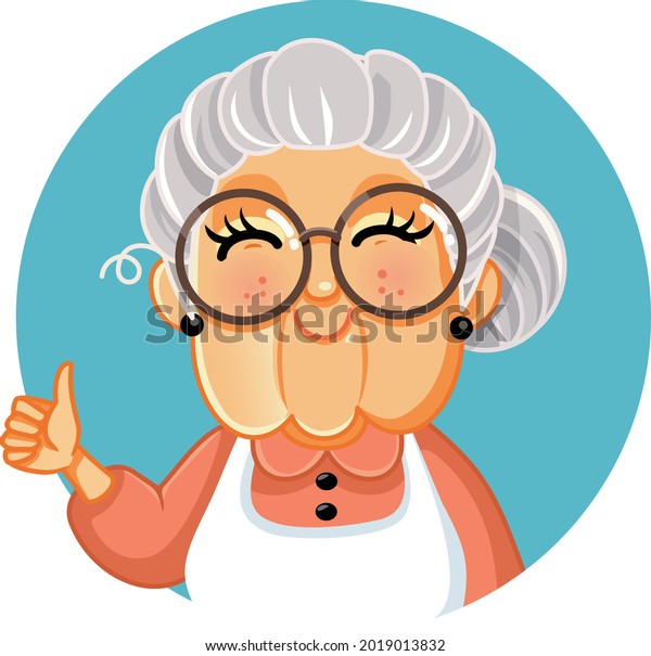 Happy Grandma Making Appreciation Gesture\
Vector Illustration. Positive optimistic successful granny holding\
thumbs up for approval\
