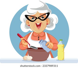 
Happy Grandma Mixing Ingredients together for a Meal Vector Cartoon. Senior woman preparing homemade desserts after traditional recipe 
