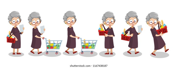 Happy grandma with shopping cart full of products. Funny old woman character with shopping basket and shopping list. Cute elderly woman in glasses. Active lifestyle at retirement vector illustration