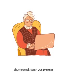 Happy grandma sits in a chair wearing glasses with a laptop. Colorful vector hand drawn isolated illustration. Grandmother smiles and communicates via the Internet