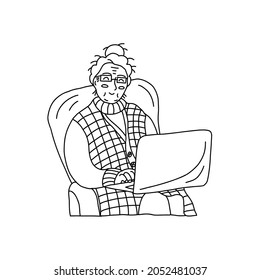 Happy Grandma Sits In A Chair Wearing Glasses With A Laptop. Black And White Vector Hand Drawn Isolated Illustration. Grandmother Smiles And Communicates Via The Internet. Doodle Outline