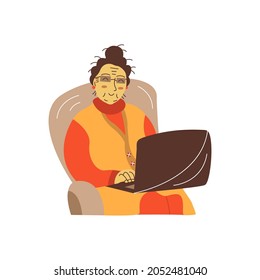 Happy grandma sits in a chair wearing glasses with a laptop. Colorful vector flat isolated illustration. Grandmother smiles and communicates via the Internet