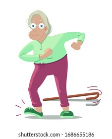 Happy grandma trew away her stick and dances, movement is life, activity for elderly, self-care activity