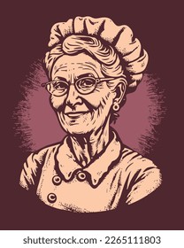 Happy Grandma vector illustration. Old woman portrait. Vintage engraving woodcut eps 10.