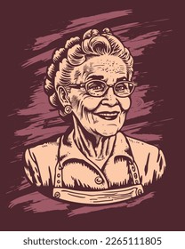 Happy Grandma vector illustration. Old woman portrait. Vintage engraving woodcut eps 10.