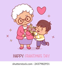 Happy grandma's day. Cute holiday grandma with with little boy grandson with bouquet flowers. Vector illustration cartoon flat style