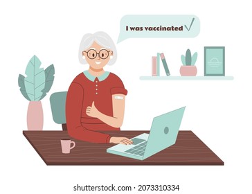 Happy grandmoteher shows her family bandage from vaccine on her shoulder online. Smiling elderly lady raising thumbs up and looking at laptop screen. Flat cartoon vector illustration 