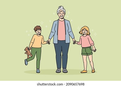 Happy grandmother active lifestyle concept. Smiling positive grandmother standing holding her grandchildren girl and boy with hands feeling cheerful vector illustration 