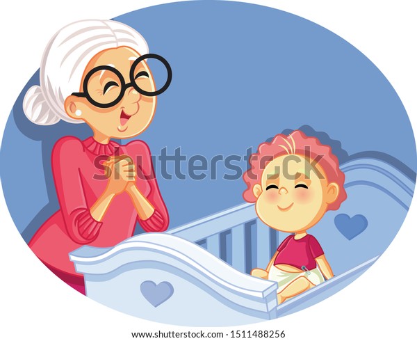 Happy\
Grandmother Babysitting Cute Baby Vector Cartoon. Smiling  infant\
playing and being watched over by\
grandma\
