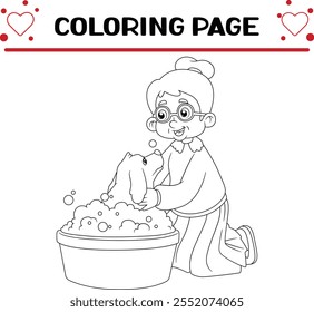 happy grandmother bathing dog coloring page for kids