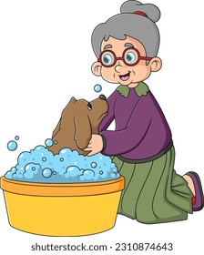 Happy grandmother bathing a dog of illustration